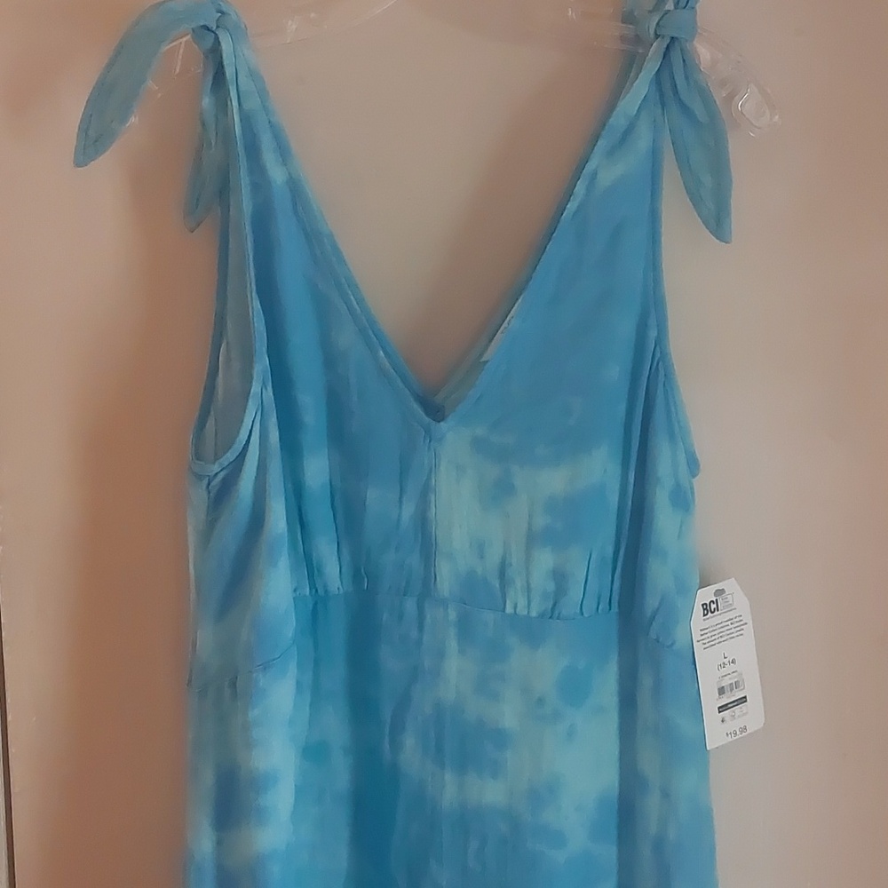 Time And Tru Blue Tie Dye Ruffle Tie Shoulder Midi Dress Sz L - Picture 6 of 17